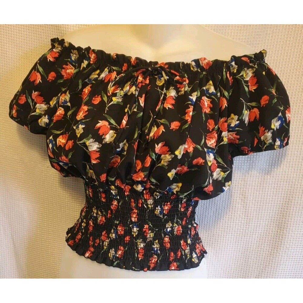 Vintage Fashion Magazine Tulip Print Off Shouldler Peasant Blouse Top Size Small